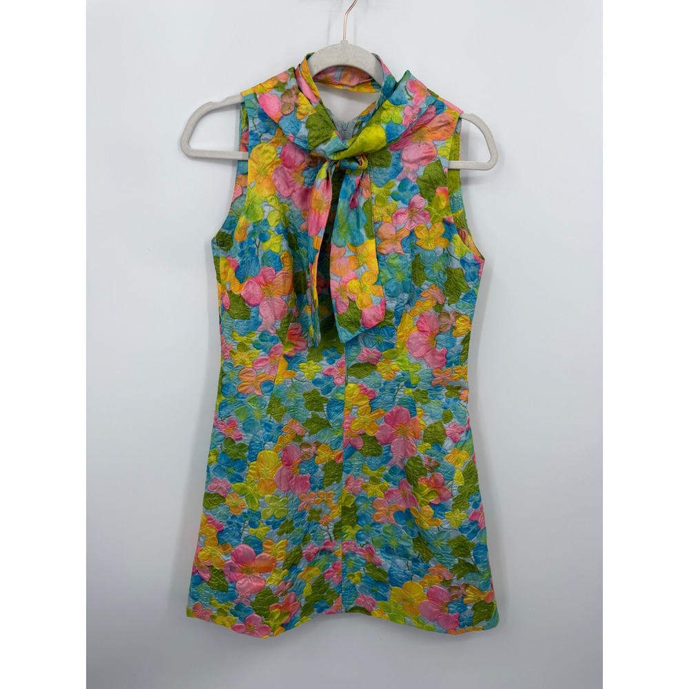 Handmade Vintage 60s Mod Floral Mini Dress Women Small Multi Color Bow Tie